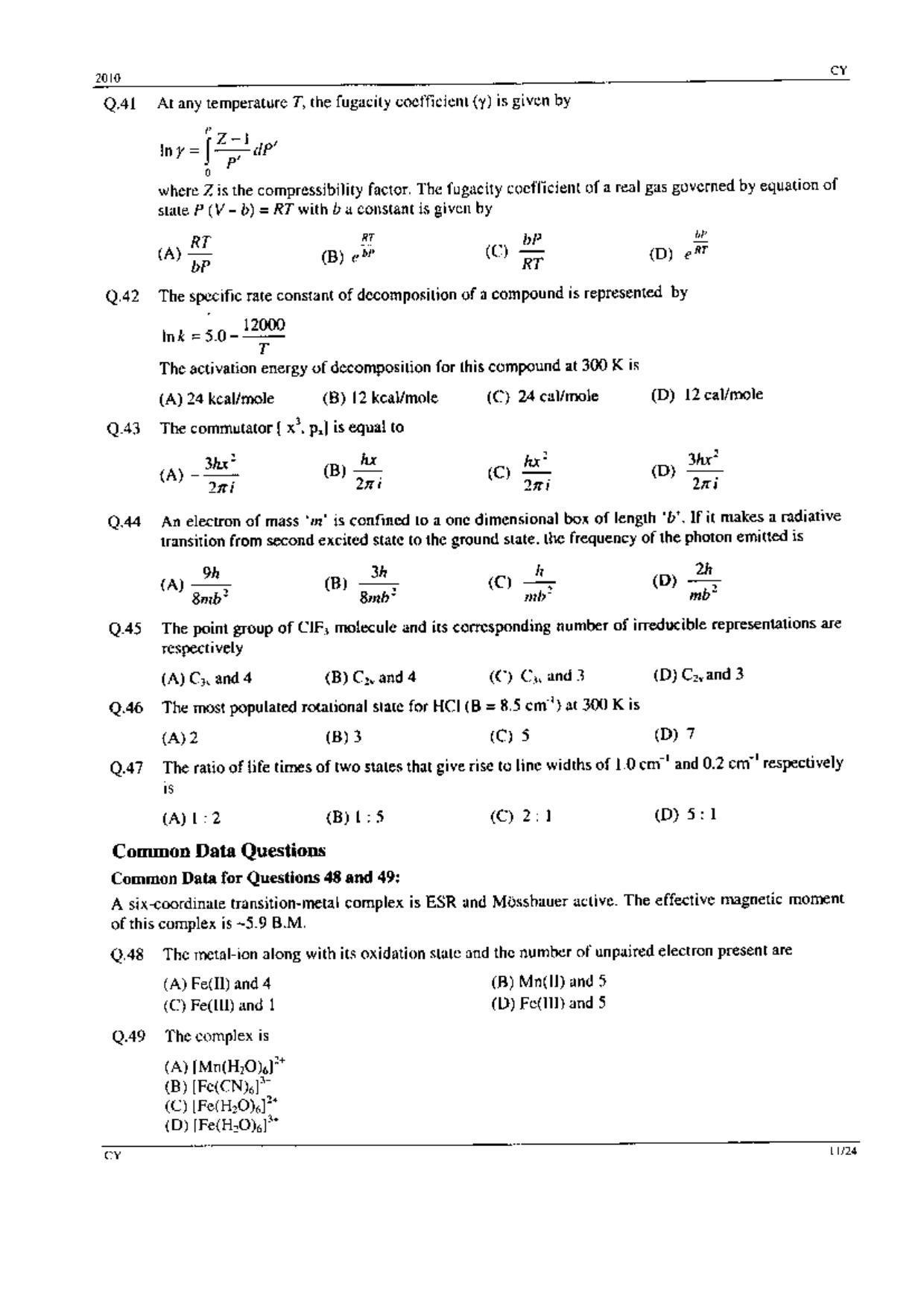 GATE 2010 Chemistry (CY) Question Paper with Answer Key - Page 11