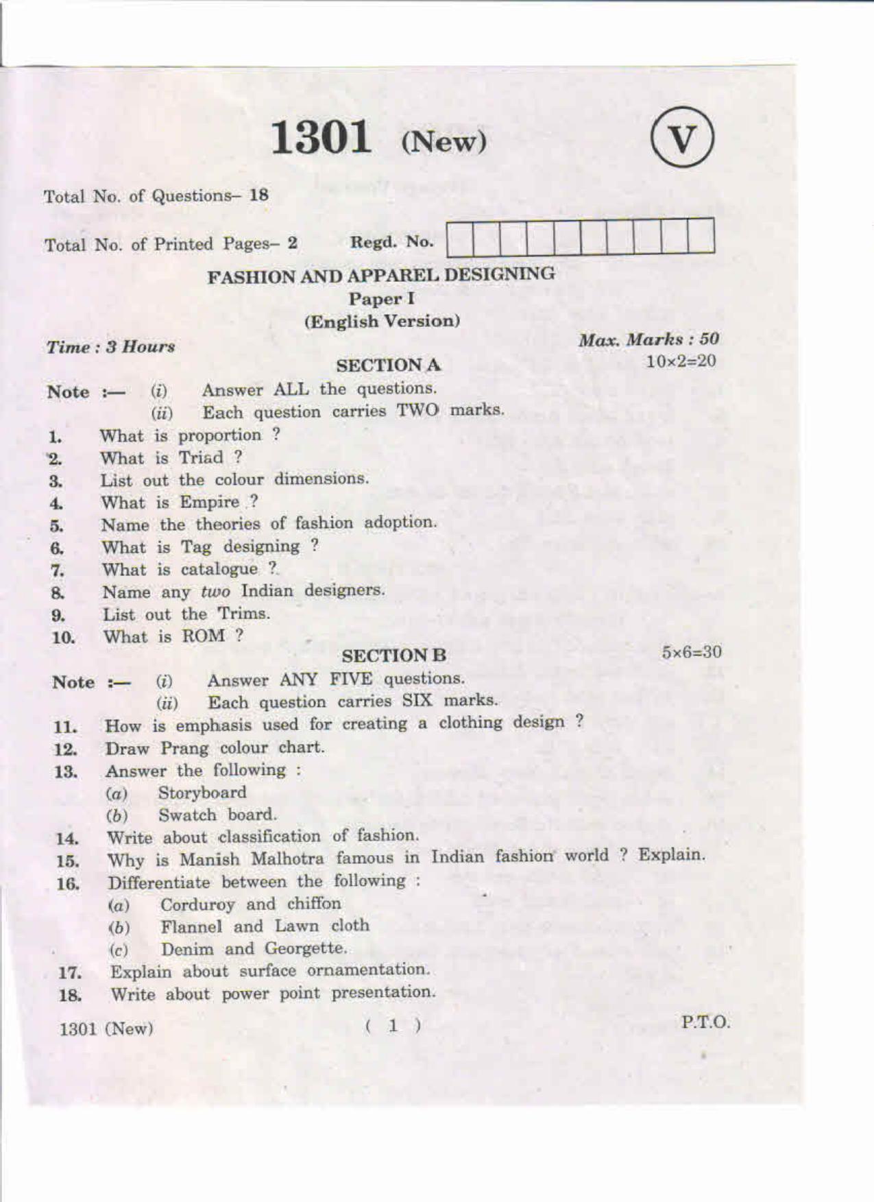 AP Inter 1st Year Fashion and Apparel Designing-I (New) May-2019-Vocational Question Paper - Page 1