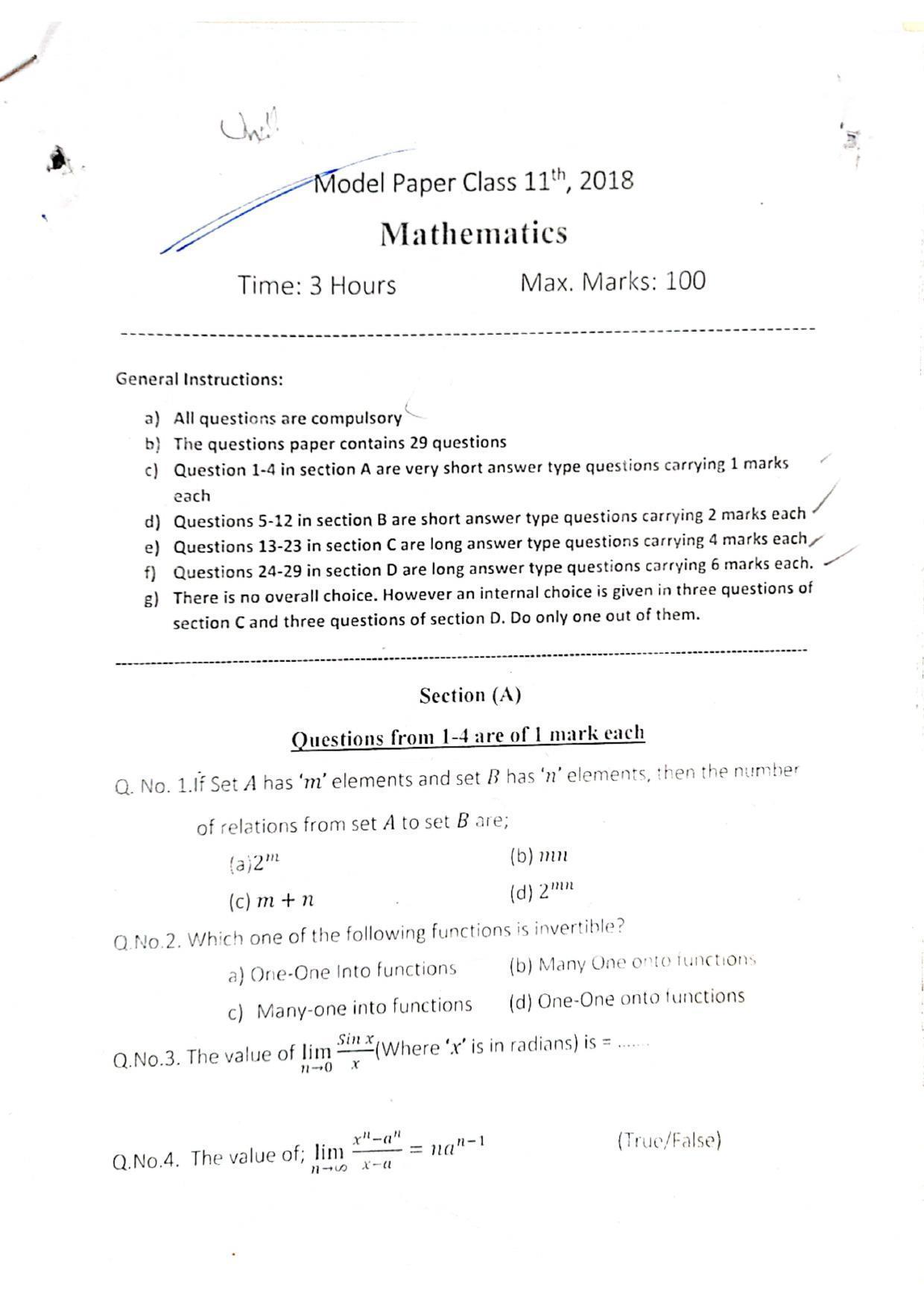 JKBOSE Class 11 Maths Model Question Paper 2023 - Page 1