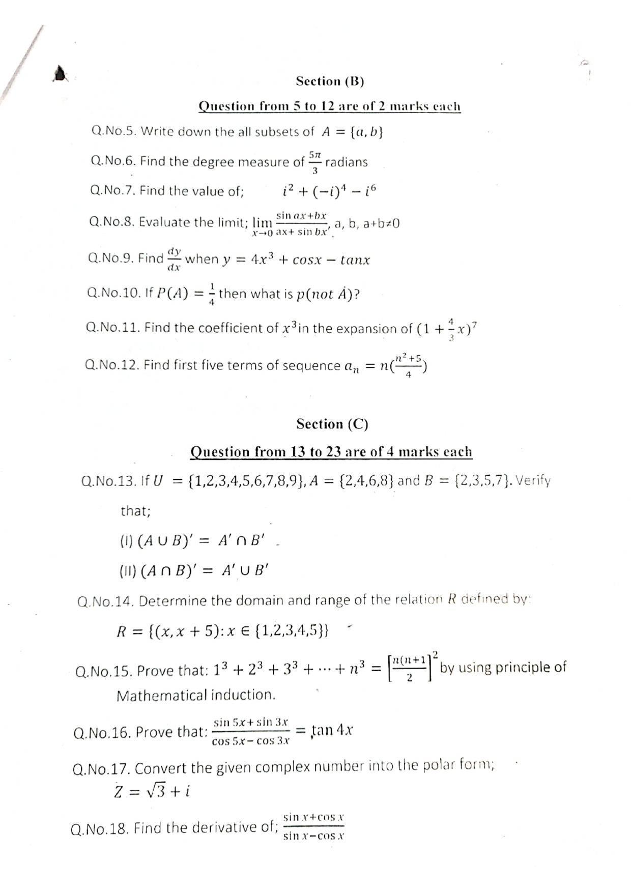JKBOSE Class 11 Maths Model Question Paper 2023 - Page 2
