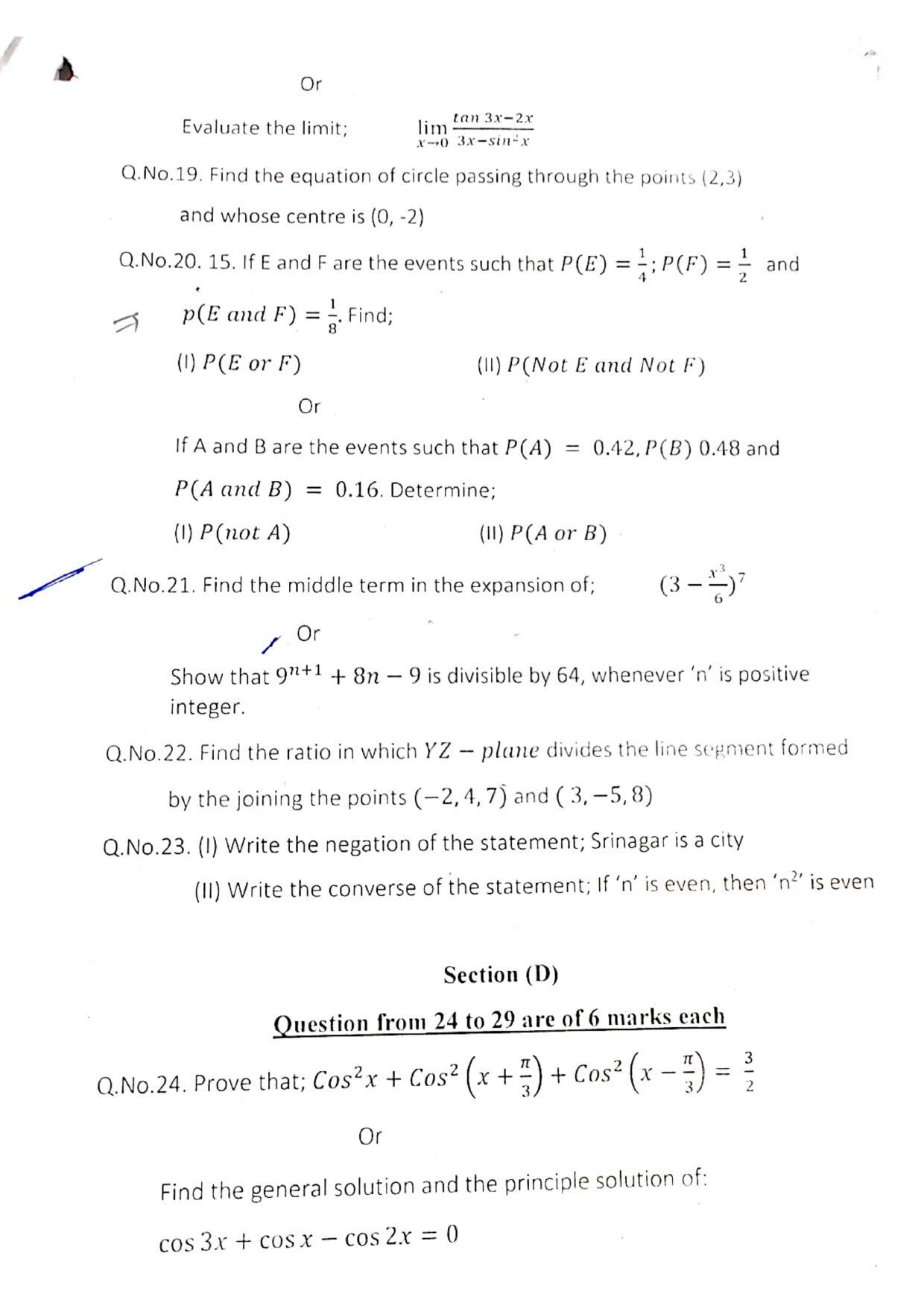 JKBOSE Class 11 Maths Model Question Paper 2023 - Page 3