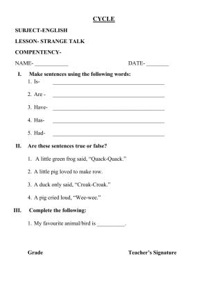 Worksheet for Class 2 English Assignment 89 Strange Talk
