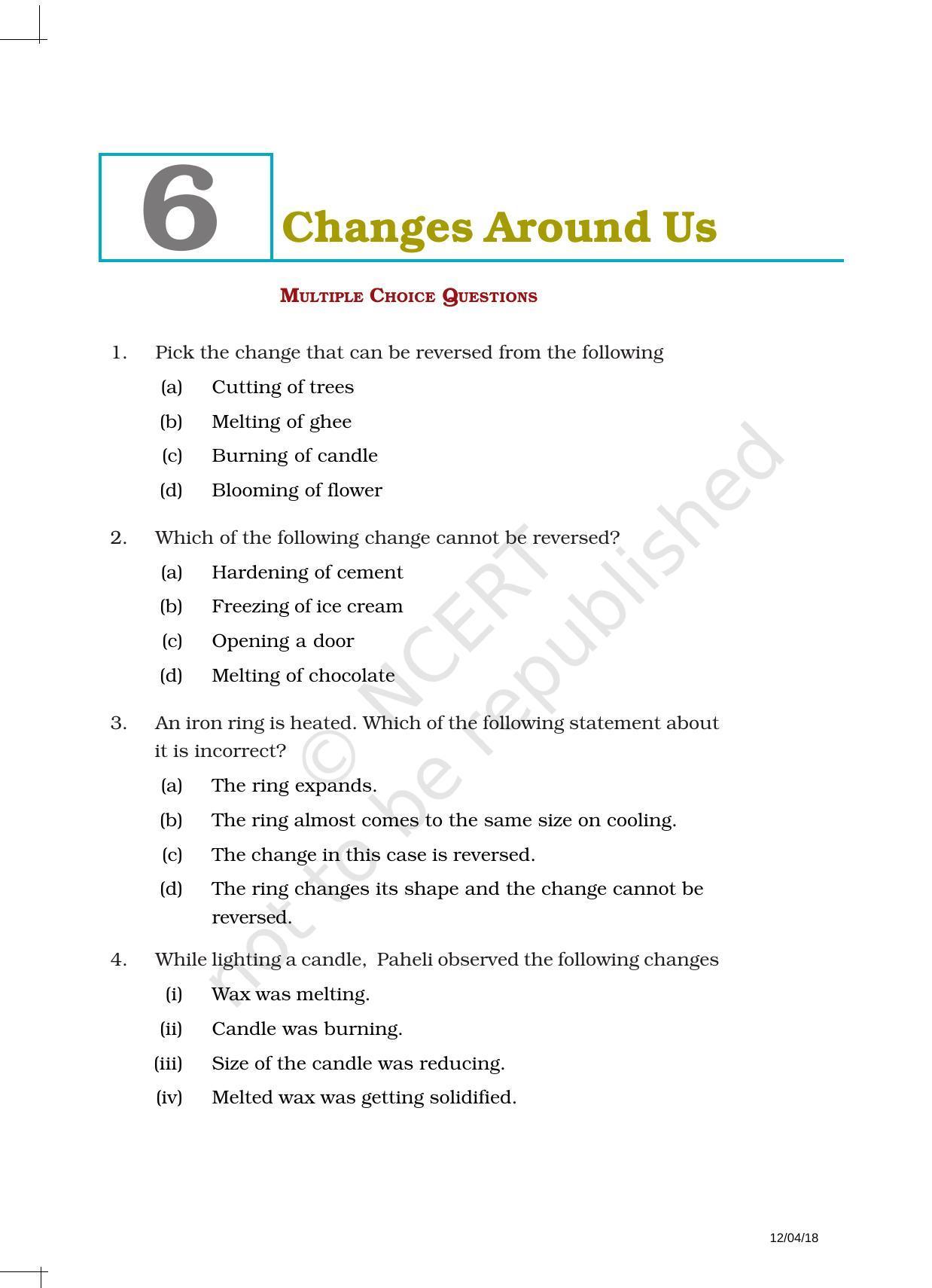NCERT Exemplar Book for Class 6 Science: Chapter 6-Changes around Us - Page 1