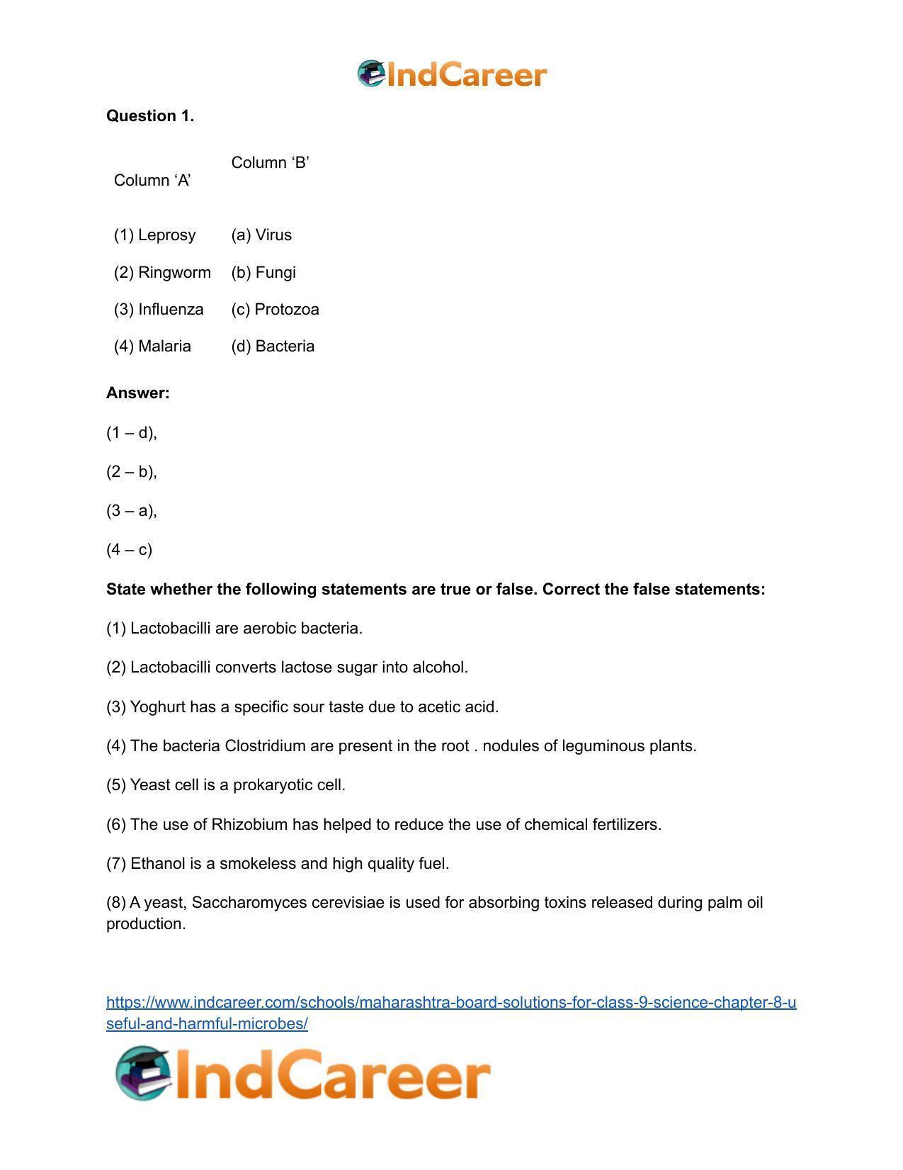 Maharashtra Board Solutions for Class 9- Science: Chapter 8- Useful and Harmful Microbes - Page 26