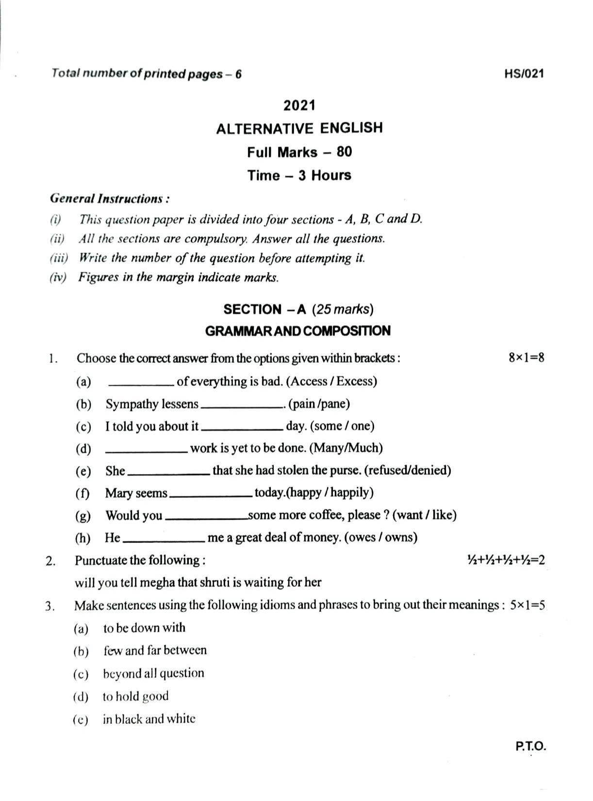 MBSE HSLC/Class 10 2021 Question Paper - Page 1