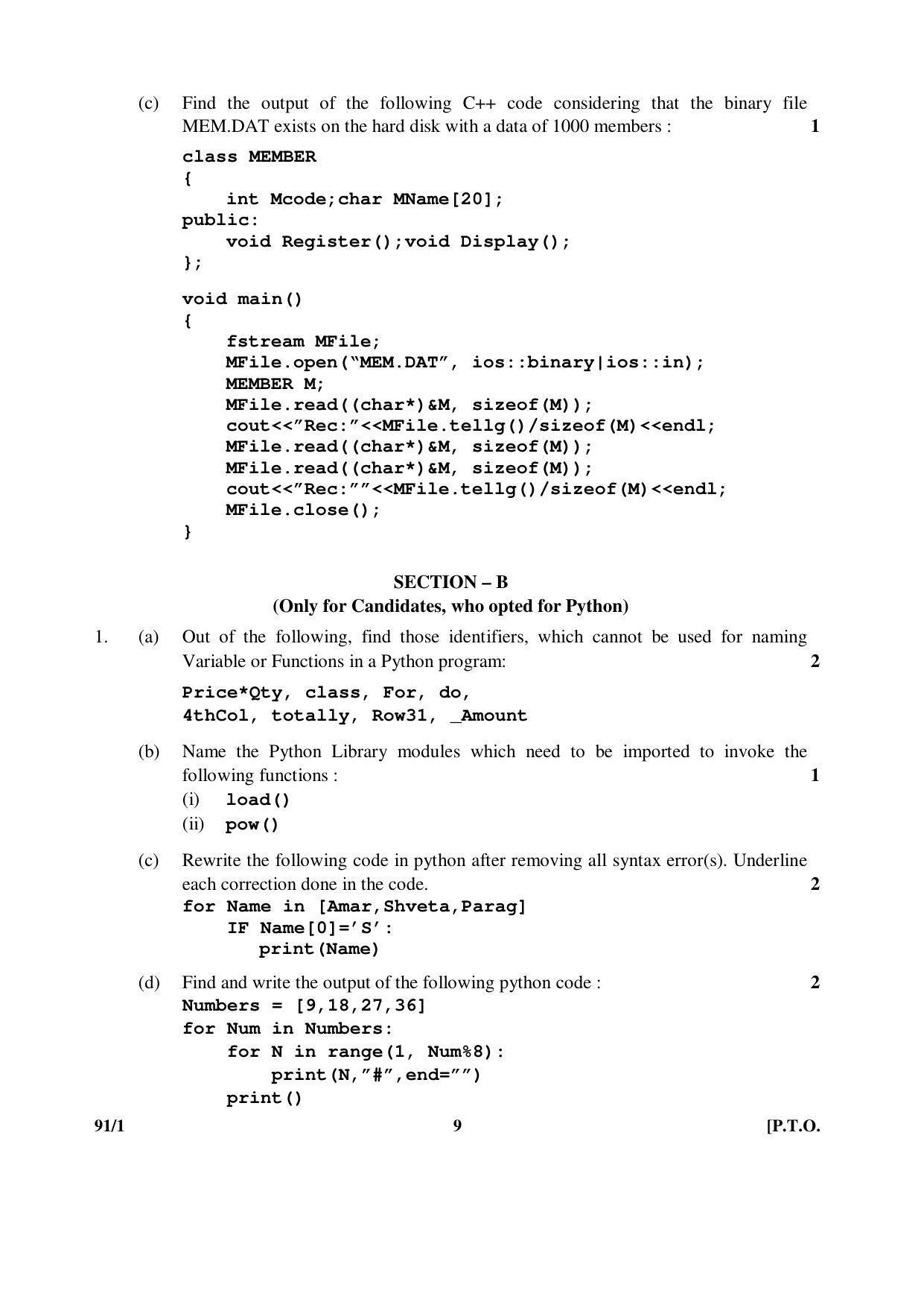 CBSE Class 12 91-1 COMPUTER SCIENCE 2016 Question Paper - Page 9