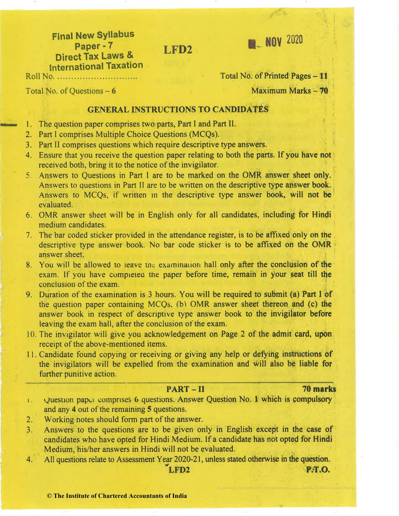 CA Final Nov 2020 Question Paper - Paper 7 – Direct Tax Laws and International Taxation - Page 1
