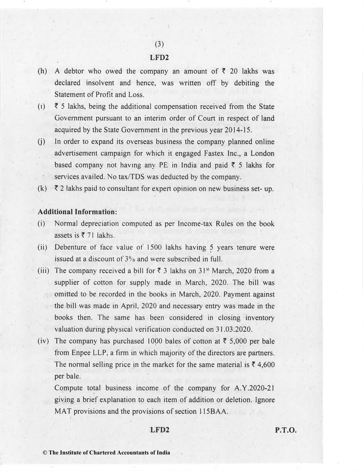 CA Final Nov 2020 Question Paper - Paper 7 – Direct Tax Laws and International Taxation - Page 3