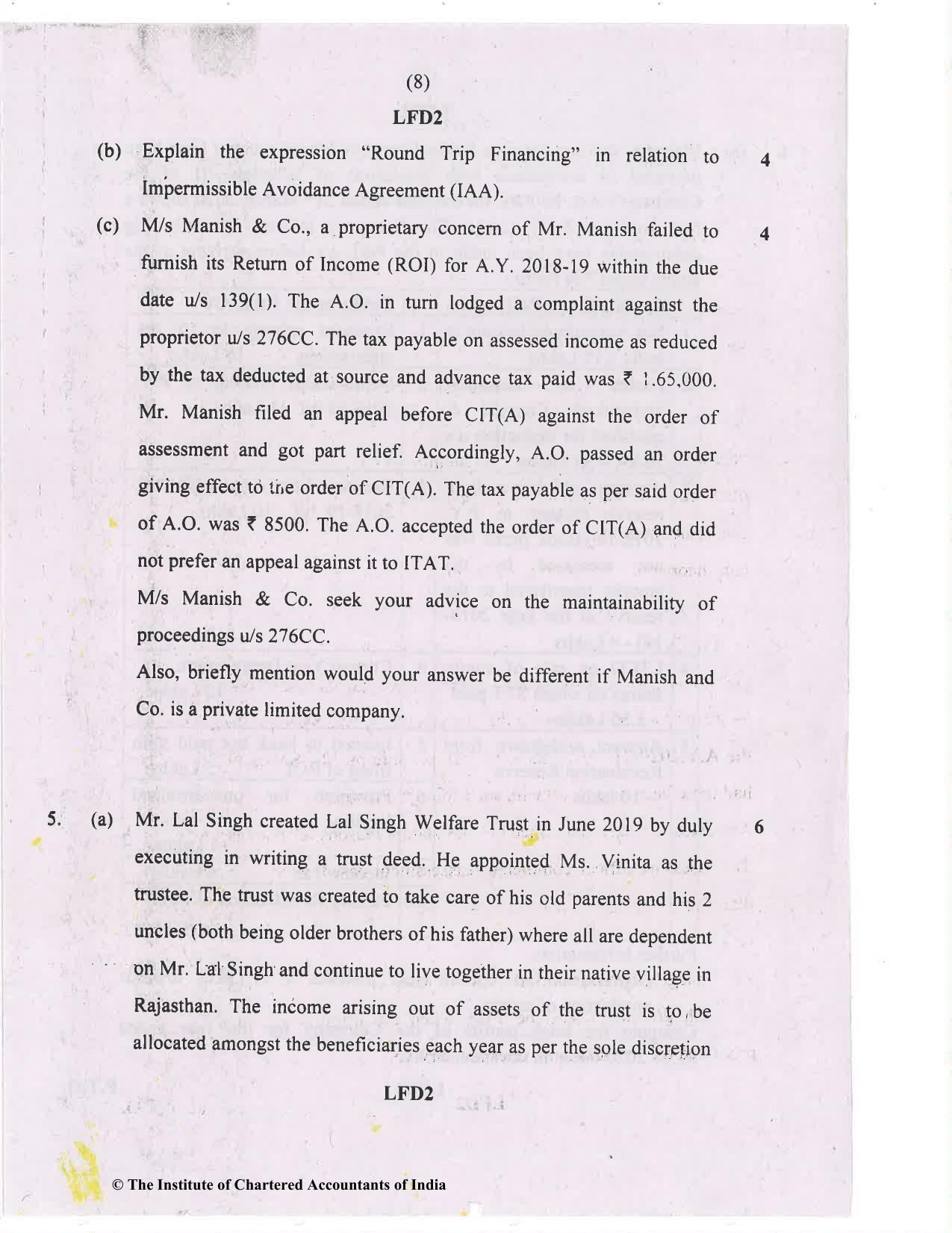CA Final Nov 2020 Question Paper - Paper 7 – Direct Tax Laws and International Taxation - Page 8