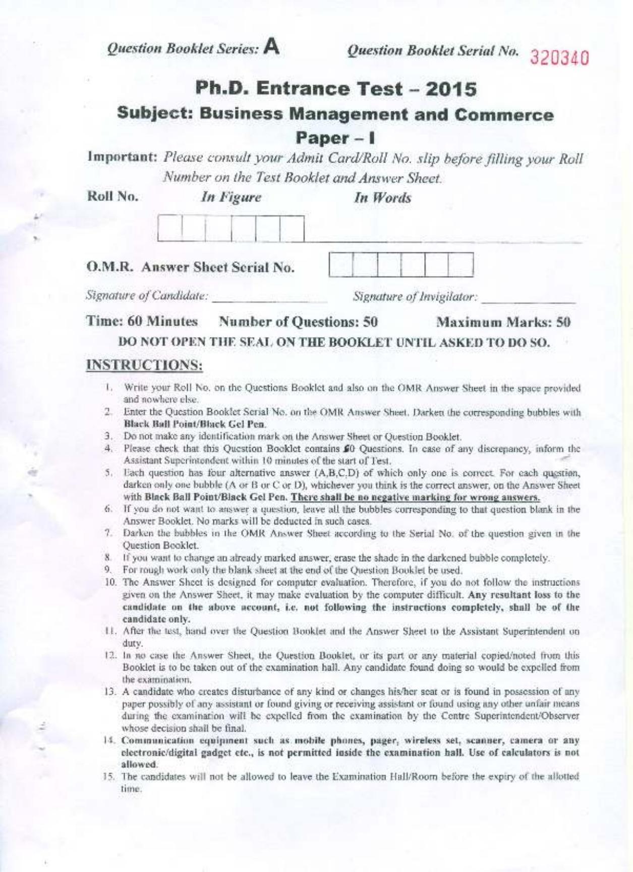 PU MPET Business Management and Commerce 2015 Question Paper - Page 1
