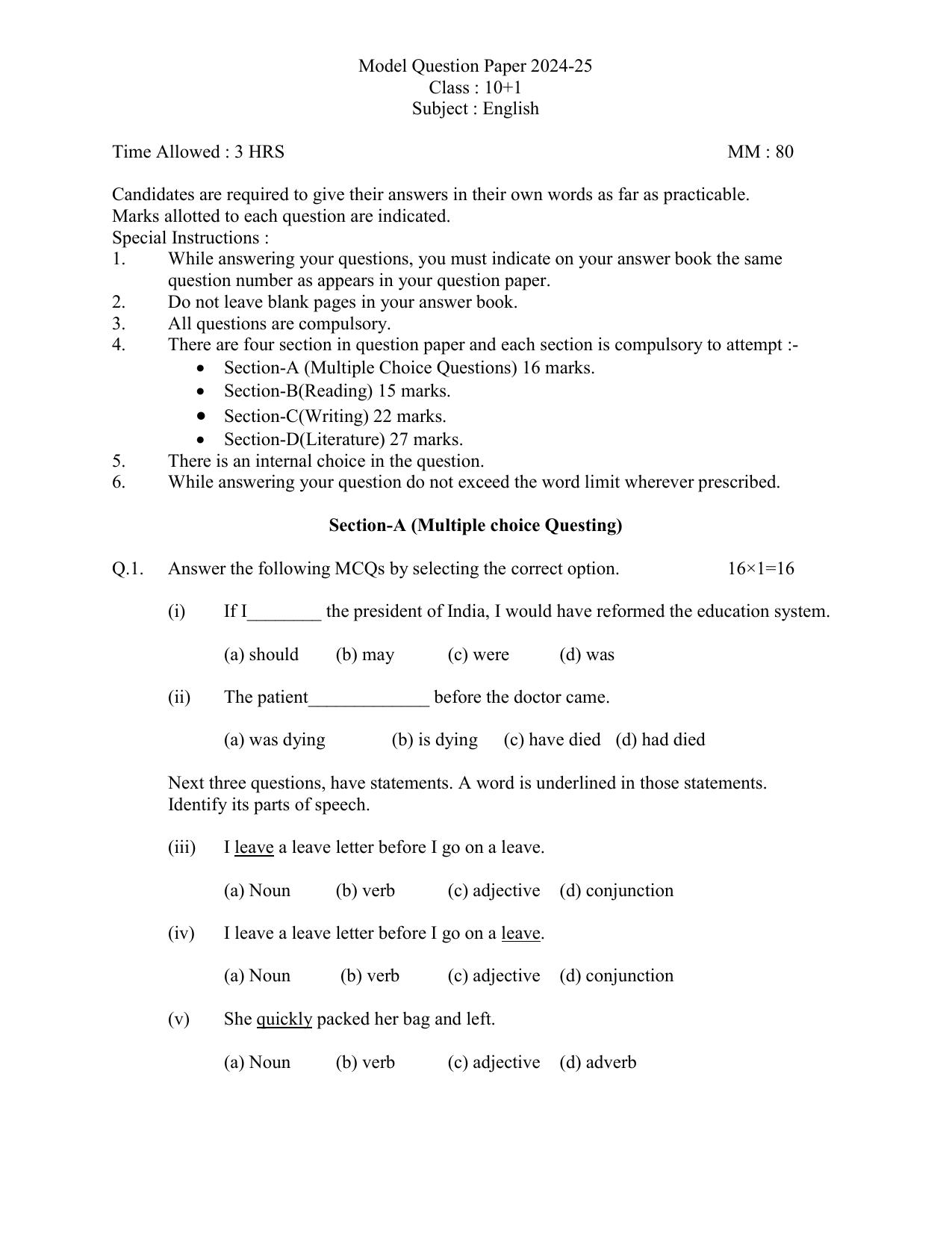 HPBOSE Class 11th English Sample Question Papers 2025 - Page 1