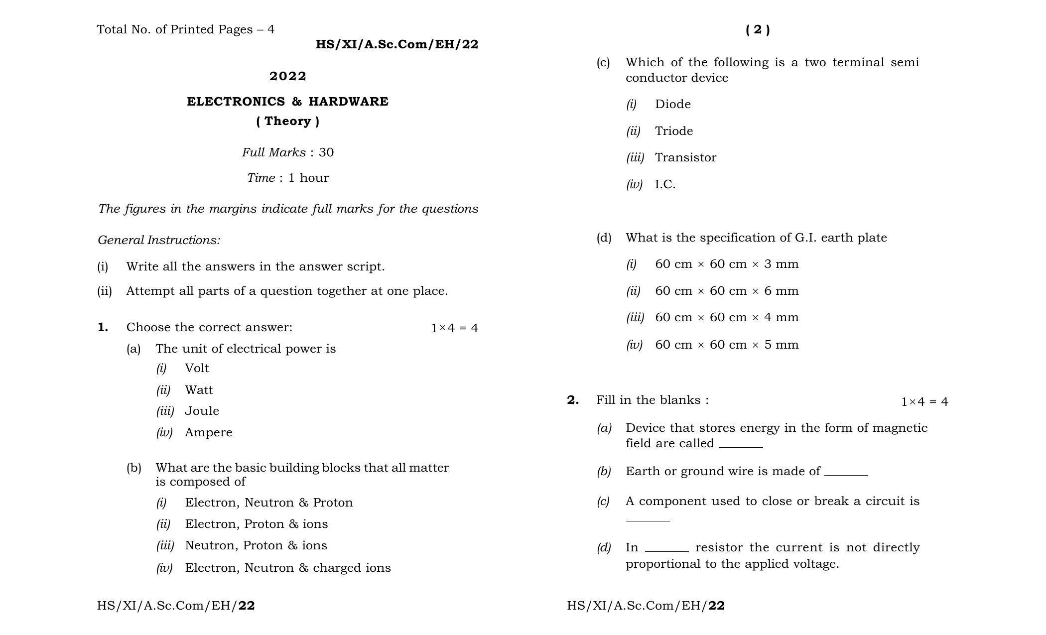 Meghalaya Board (MBOSE) Class 11 Electronics & Hardware (theory) 2022 Question Paper - Page 1