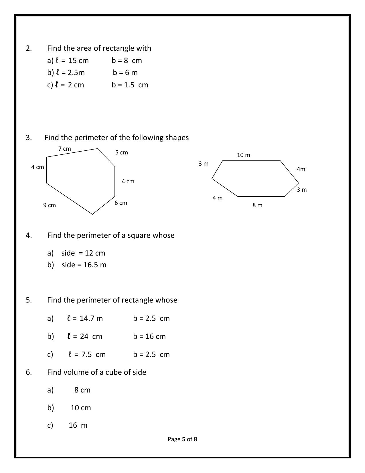 Worksheet for Class 5 Maths Area and Perimeter Assignment 1 - Page 3