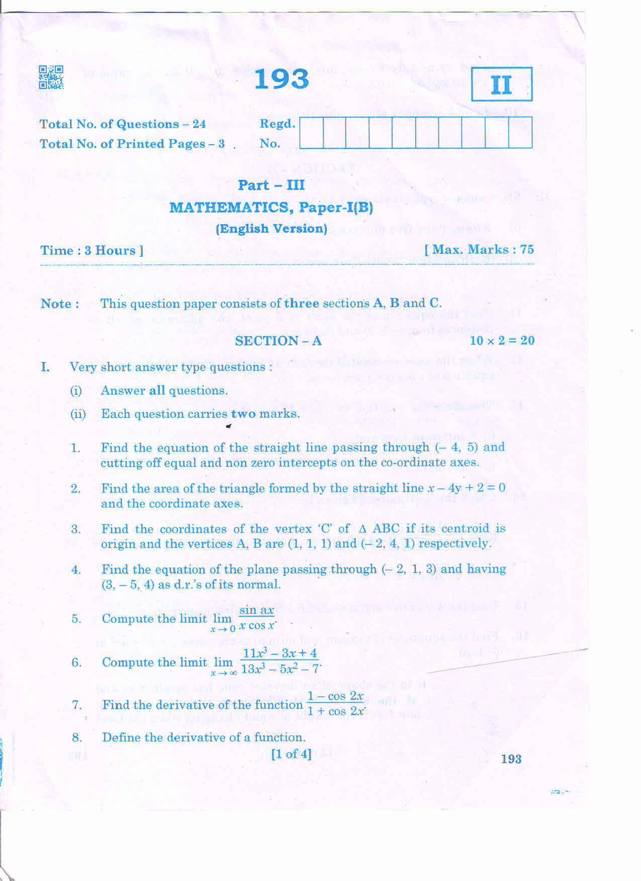 AP 2nd Year General Question Paper March - 2020 - MATHS-IB(EM) - Page 1
