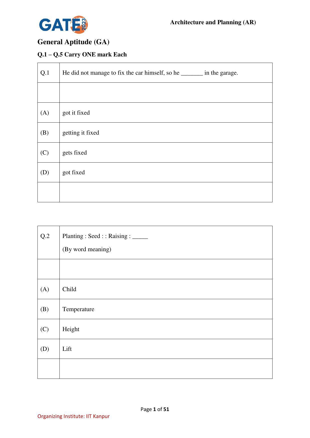 GATE 2023 Architecture and Planning (AR) Question Paper - Page 1