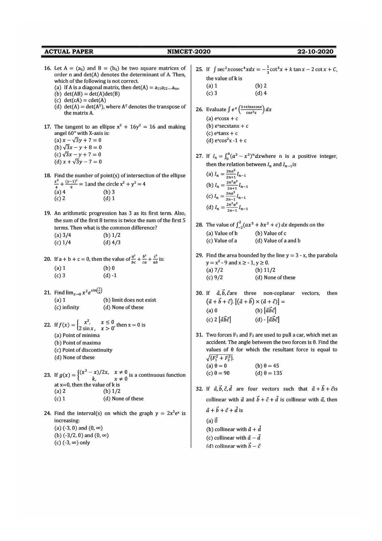 NIMCET 2020 Question Paper - Page 2