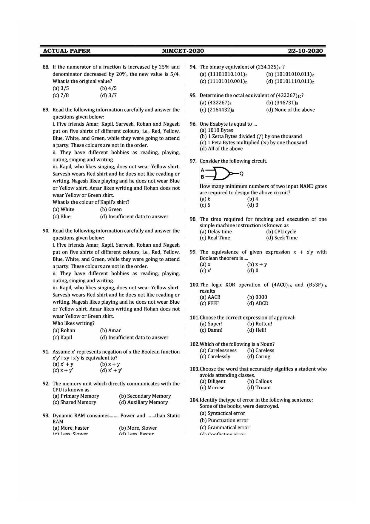 NIMCET 2020 Question Paper - Page 7