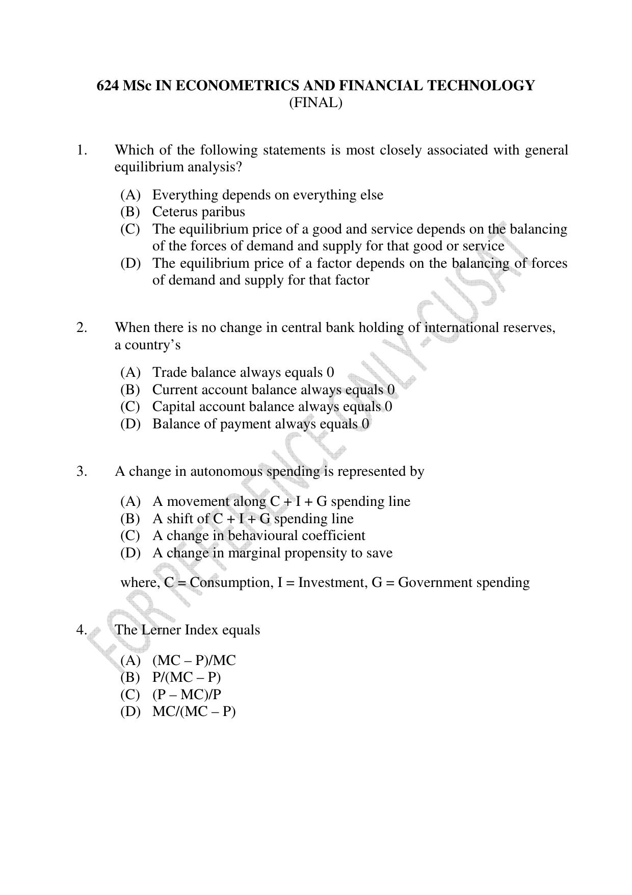 CUSAT CAT 2022 MSc in Econometrics and Financial Technology Question Paper - Page 1