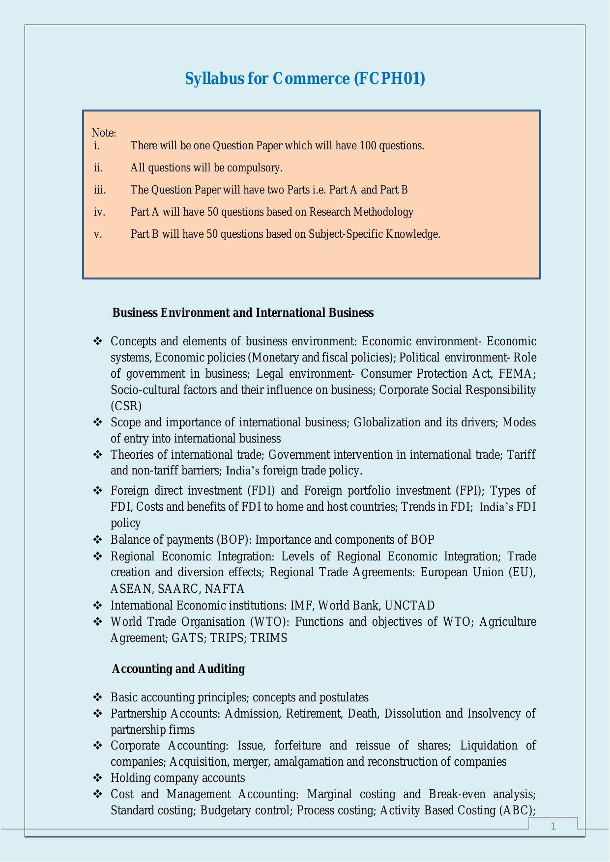 NTA PhD Entrance Exam Commerce/Management/Financial Studies Syllabus - Page 1