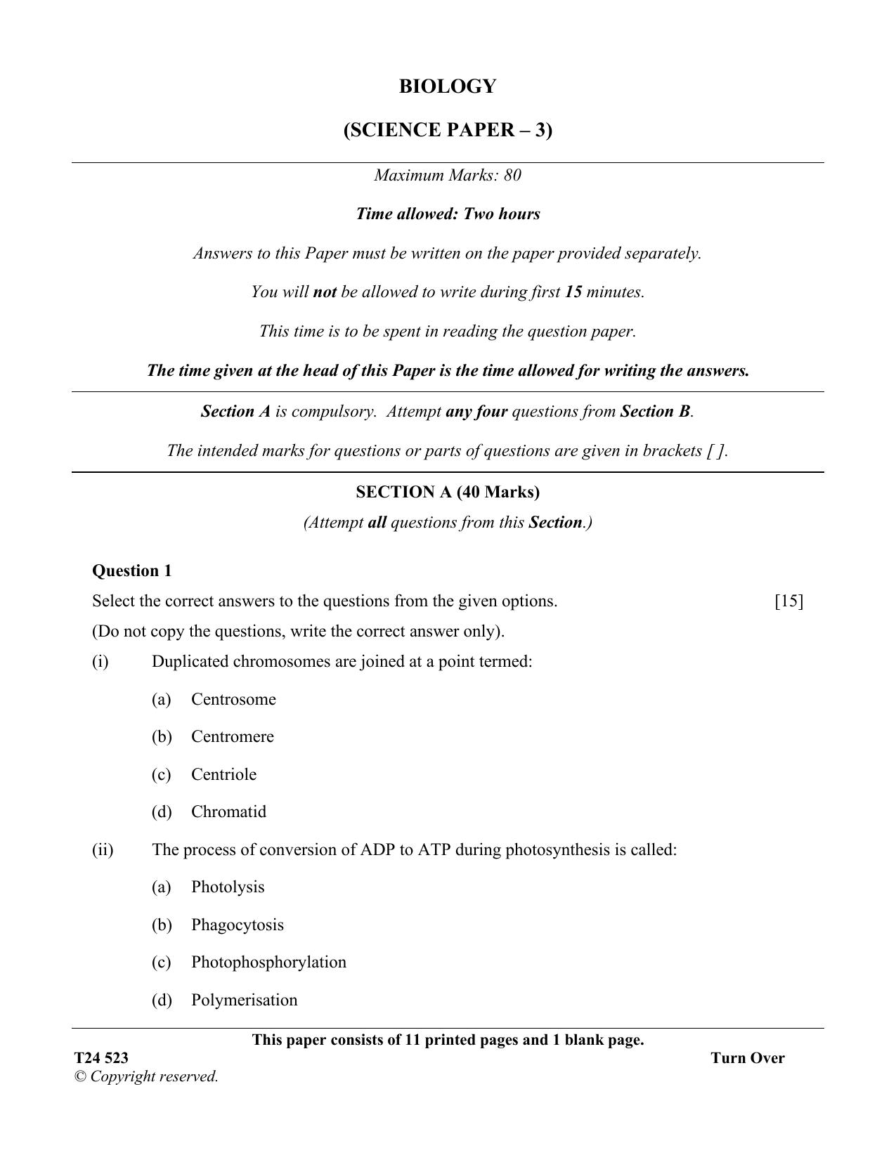ICSE Class 10 Biology (Science Paper - 3) 2024 Question Paper - Page 1
