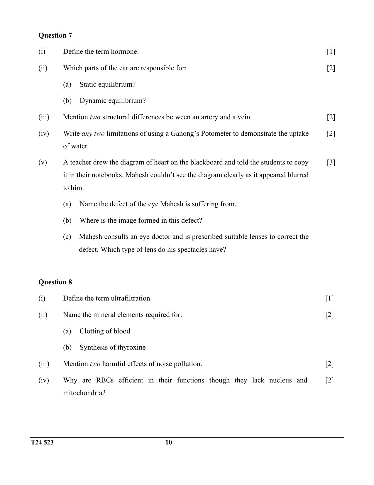 ICSE Class 10 Biology (Science Paper - 3) 2024 Question Paper - Page 10