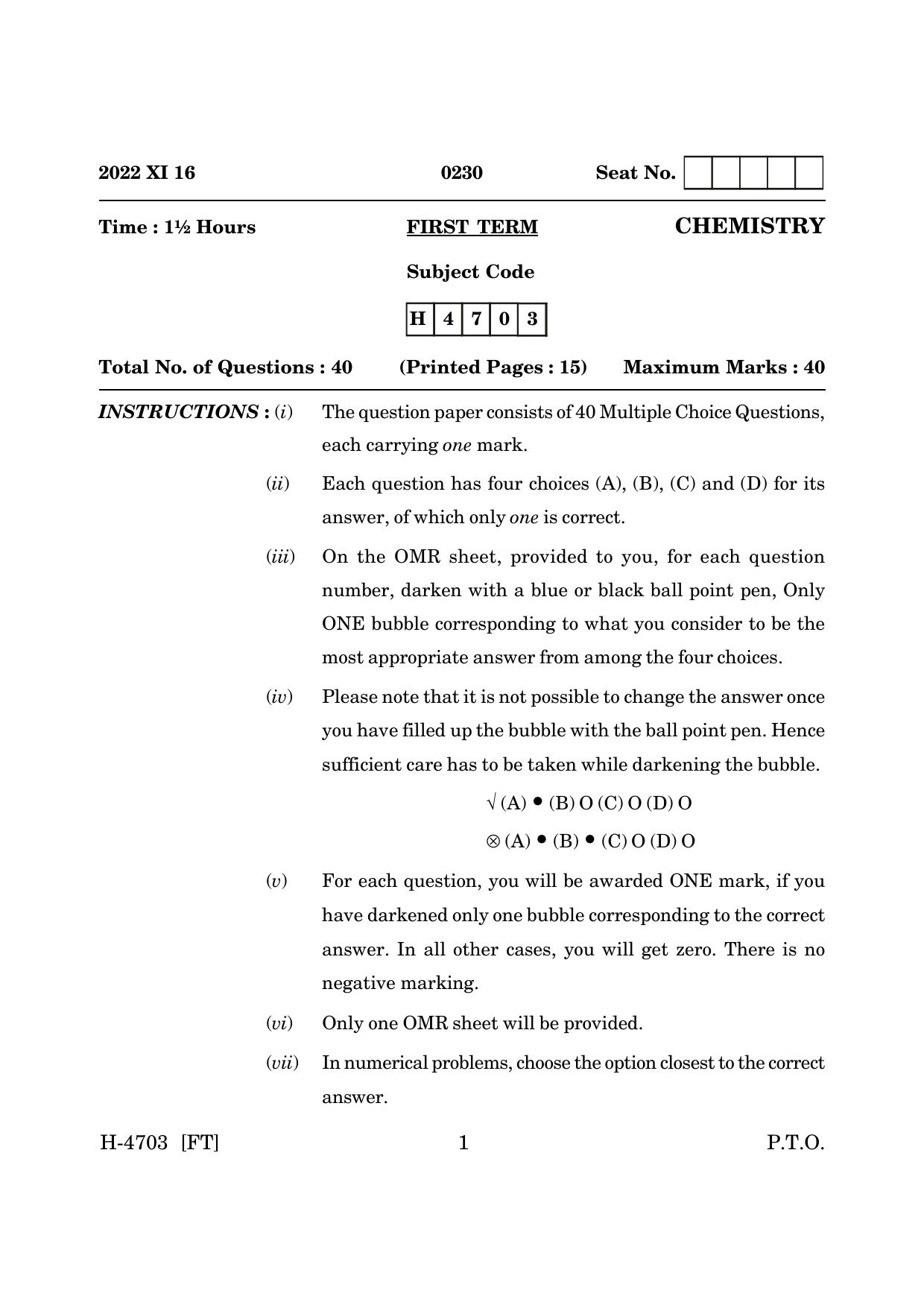 Goa Board Class 12 Chemistry (November 2022) Question Paper - Page 1