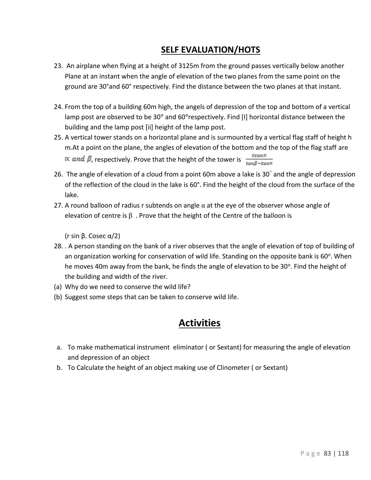 CBSE Worksheets for Class 10 Maths Applications of Trigonometry Assignment 4 - Page 4
