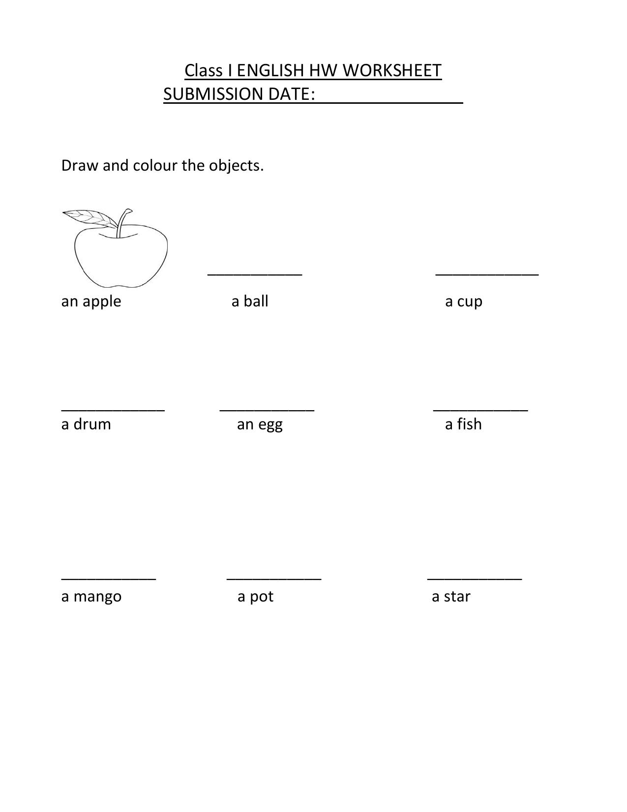 Worksheet for Class 1 English Assignment 68 Draw Objects - Page 1