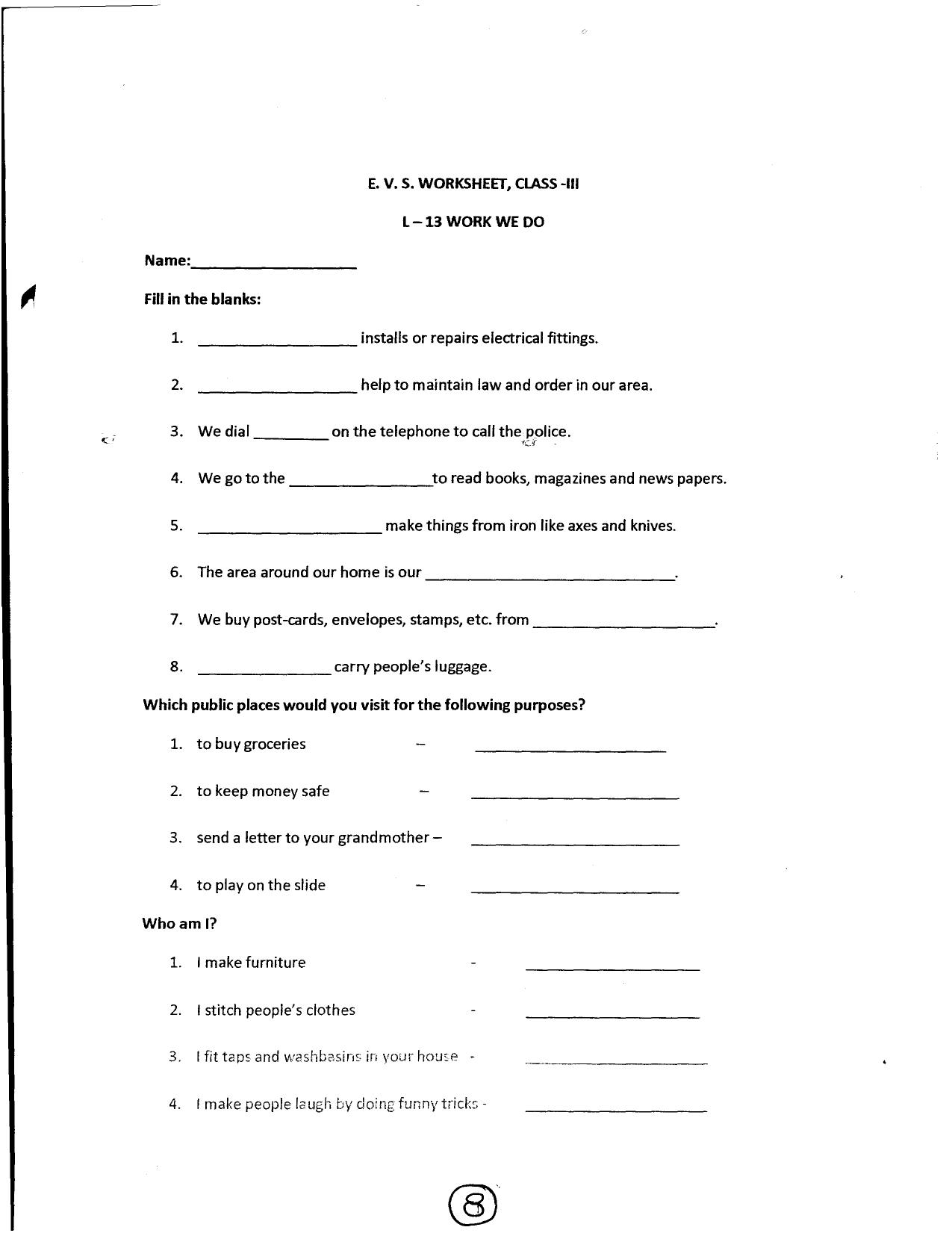 Worksheet for Class 3 EVS Assignment 43 Work We Do - Page 1