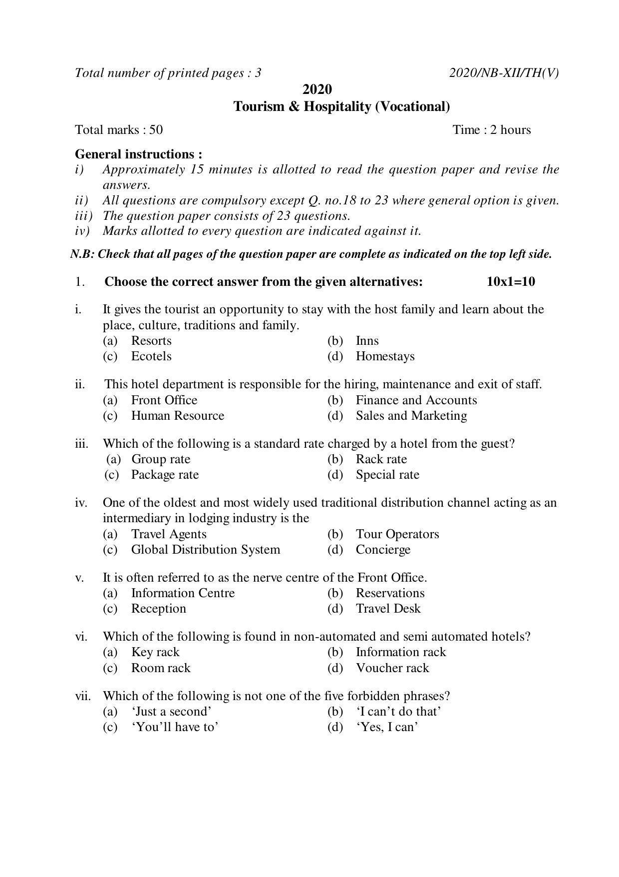 Nagaland Board Class 12 Tourism & Hospitality (Vocational) 2020 Question Papers - Page 1
