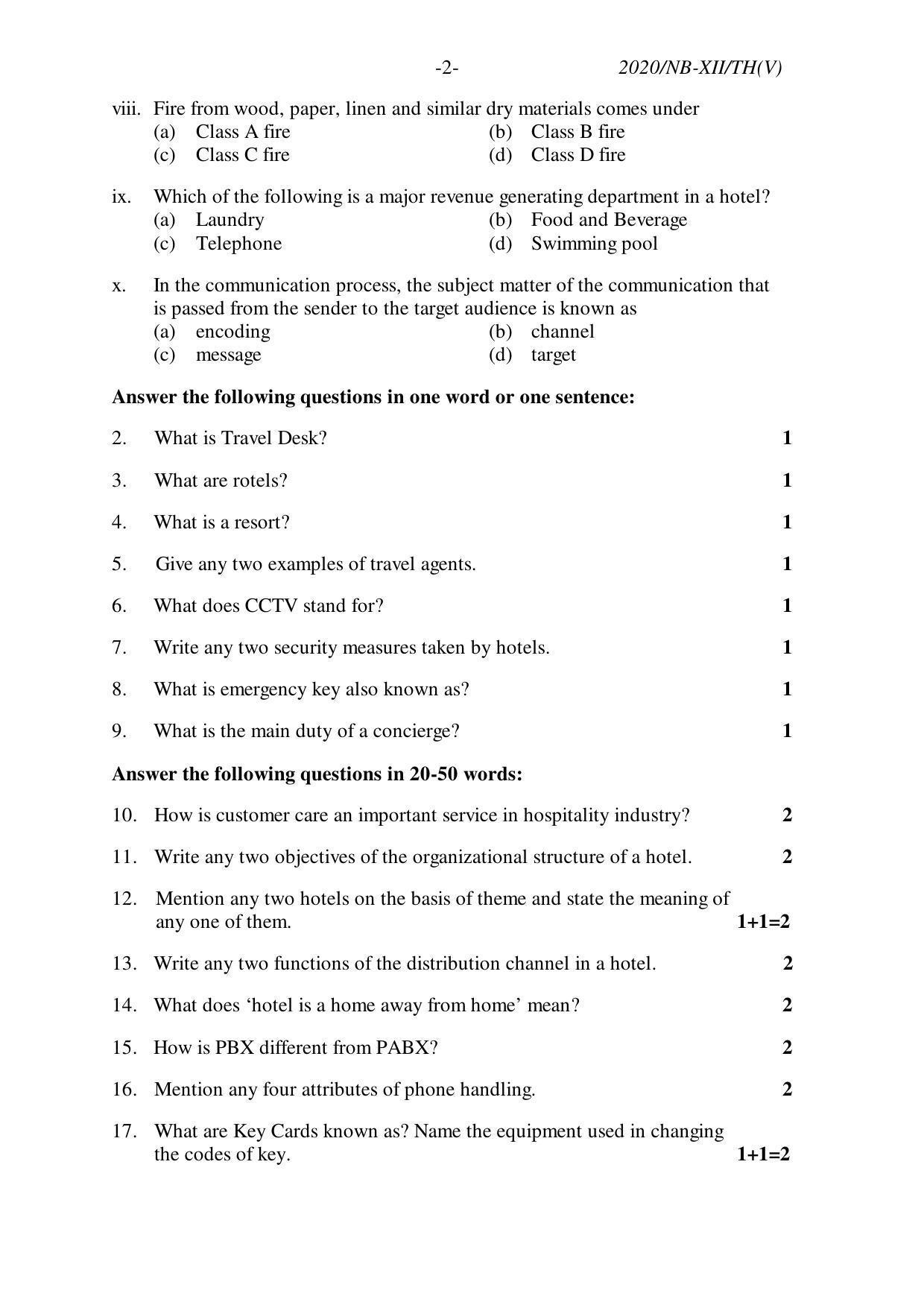 Nagaland Board Class 12 Tourism & Hospitality (Vocational) 2020 Question Papers - Page 2