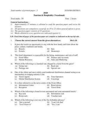 Nagaland Board Class 12 Tourism & Hospitality (Vocational) 2020 Question Papers