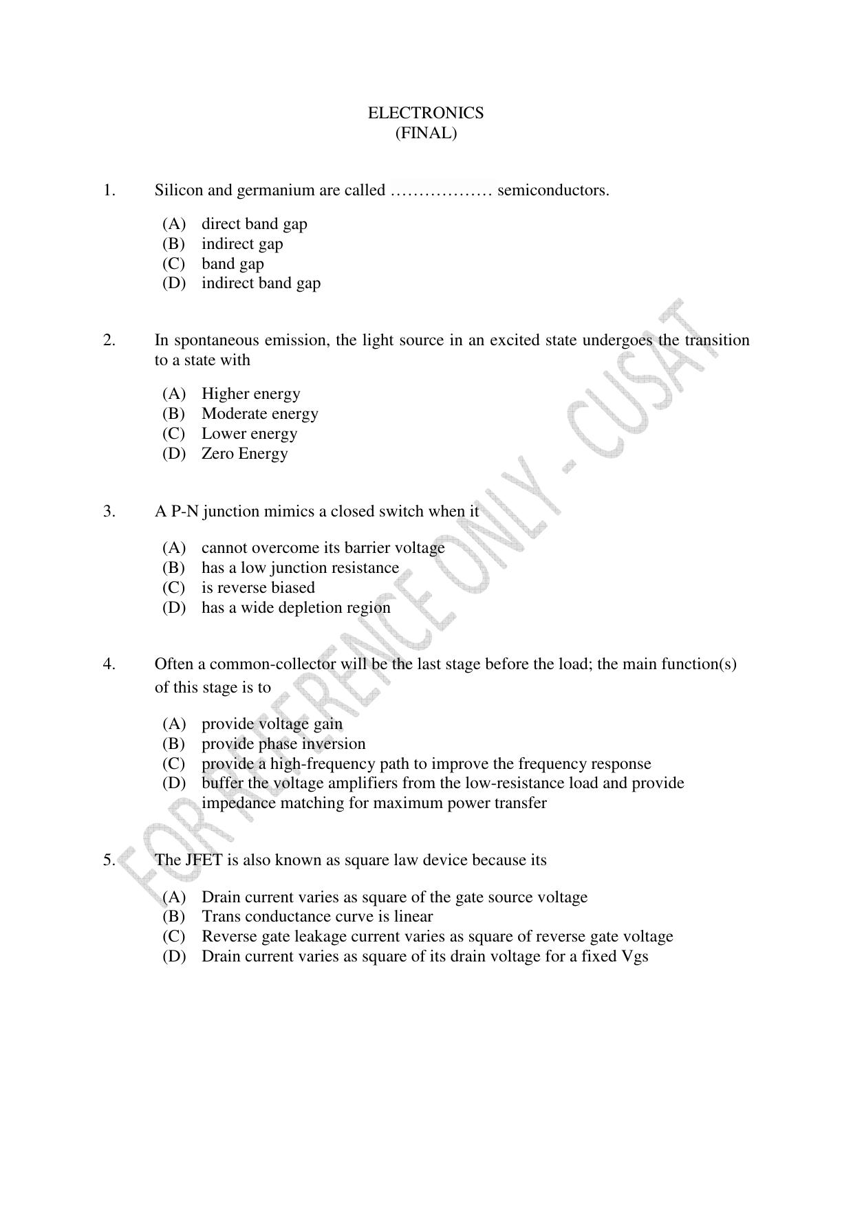 CUSAT CAT 2023 ELECTRONICS Question Paper - Page 1