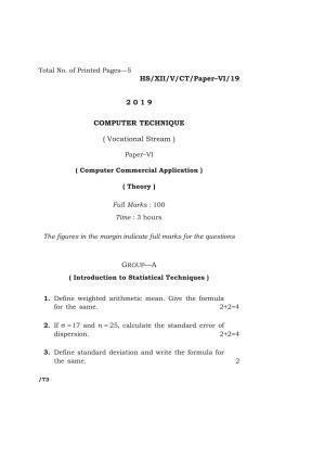 Meghalaya Board (MBOSE) Class 10 COMPUTER TECHNIQUE ( Vocational Stream ) Paper–VI ( Computer Commercial Application ) 2019 Question Paper