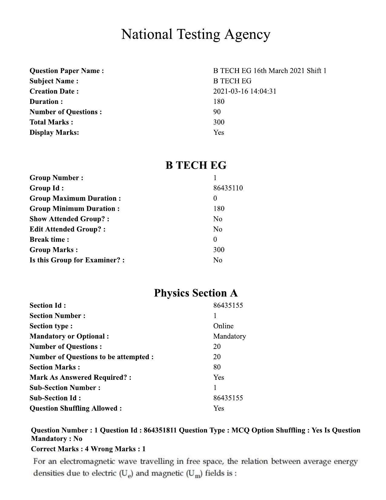JEE Mains 2021:BTech EG (Shift 1) 16-03-2021 Question Paper - Page 1