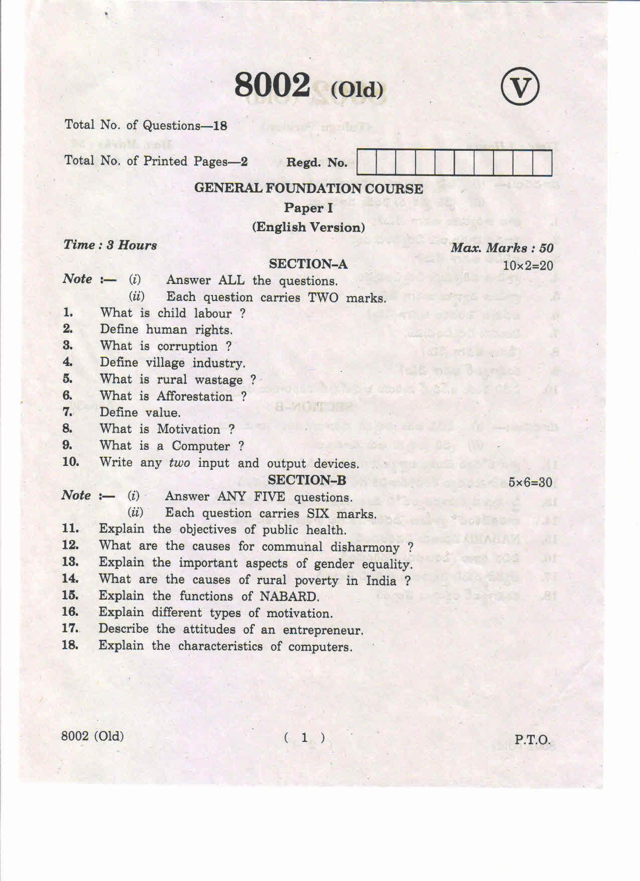 AP Inter 1st Year General Foundation Course-I (Old) May-2019-Vocational Question Paper - Page 1