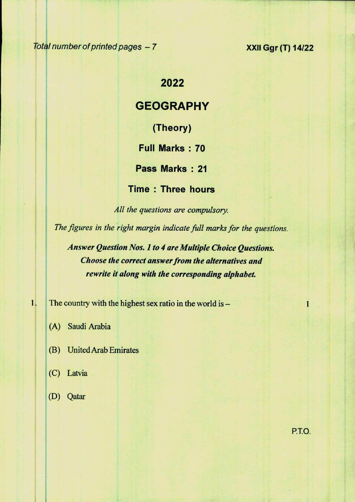 COHSEM 12th Question Papers 2022 Geography - Page 1
