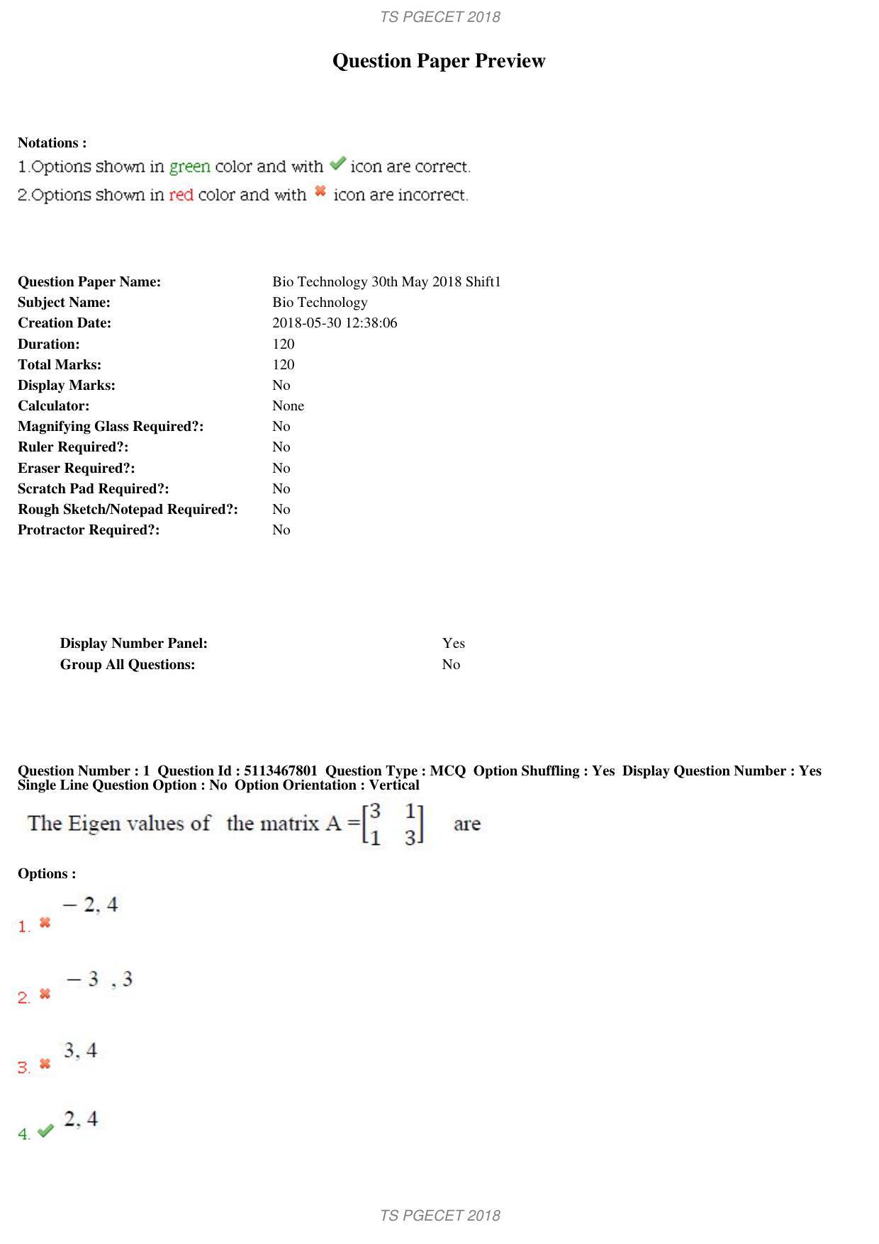 TS PGECET 2018: Bio Technology Question Papers - Page 1