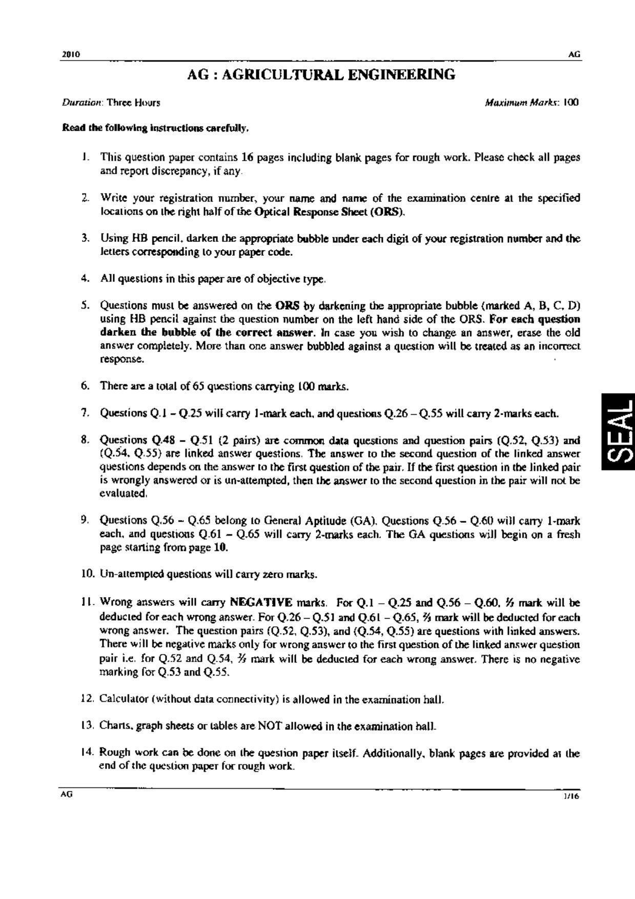 GATE 2010 Agricultural Engineering (AG) Question Paper with Answer Key - Page 1