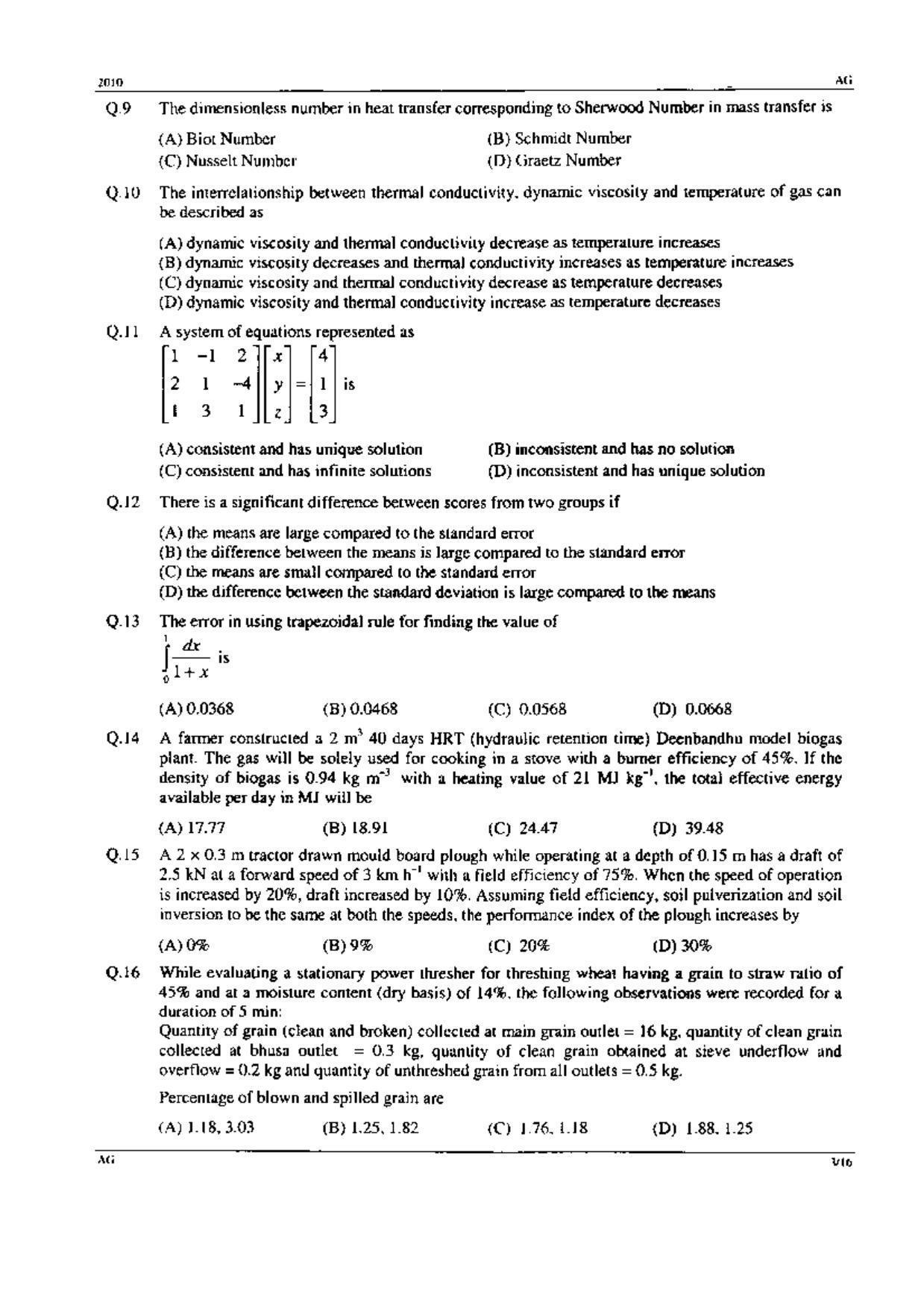 GATE 2010 Agricultural Engineering (AG) Question Paper with Answer Key - Page 3