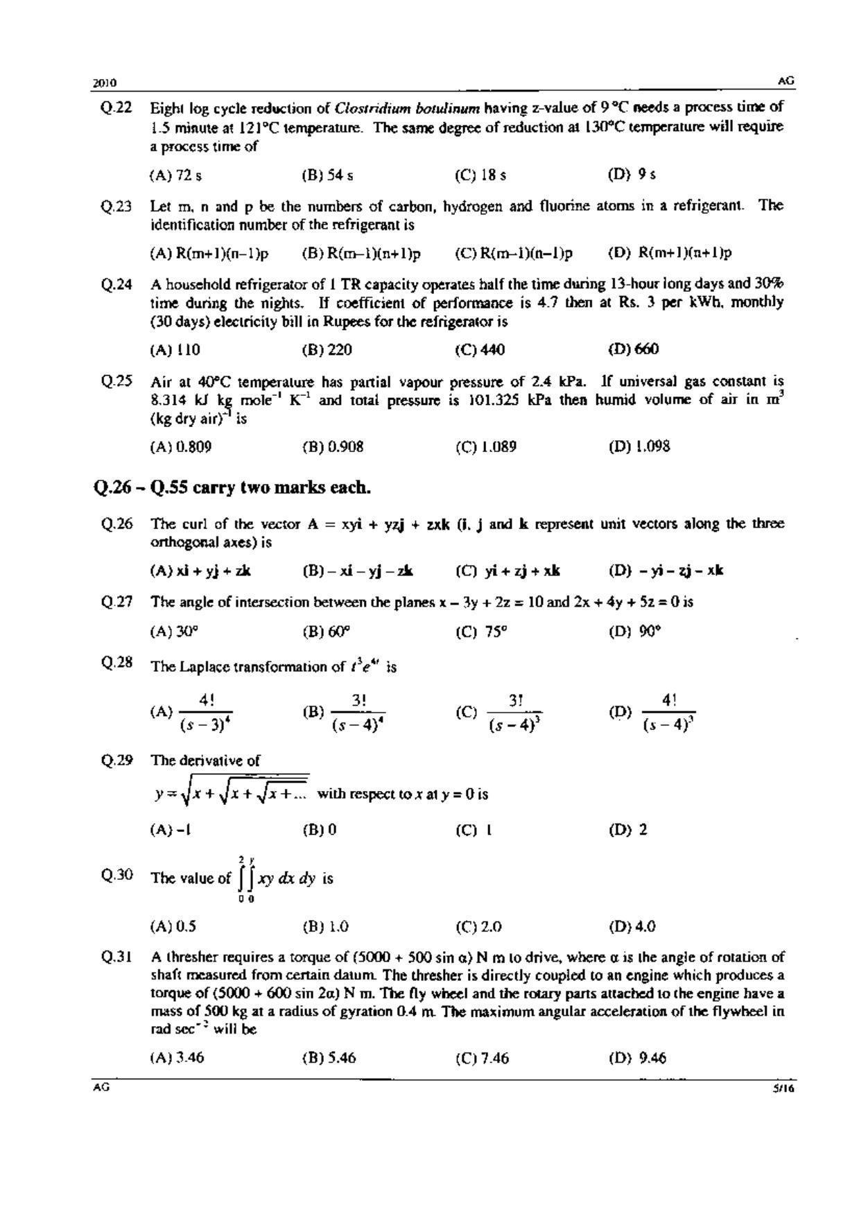 GATE 2010 Agricultural Engineering (AG) Question Paper with Answer Key - Page 5