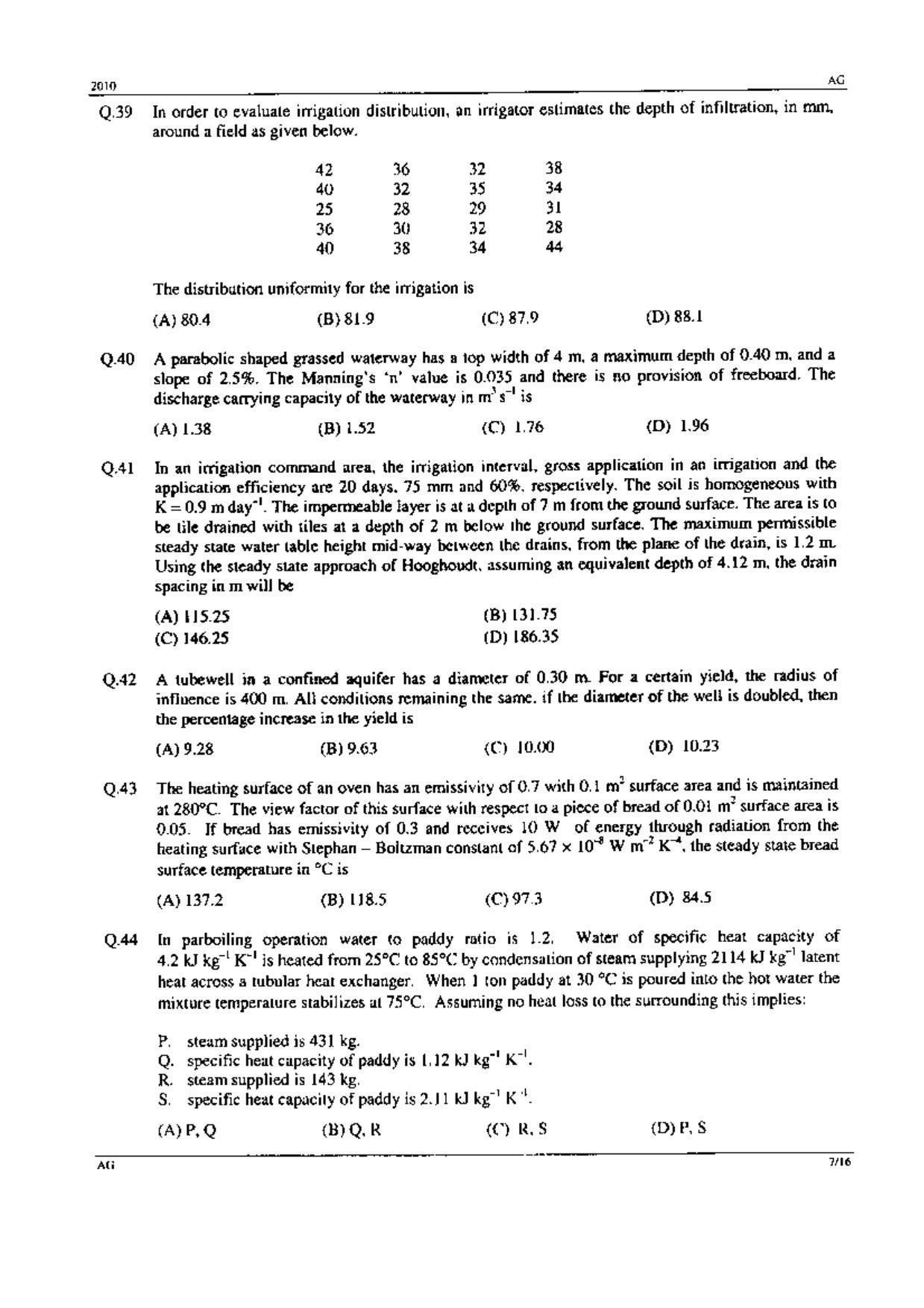 GATE 2010 Agricultural Engineering (AG) Question Paper with Answer Key - Page 7