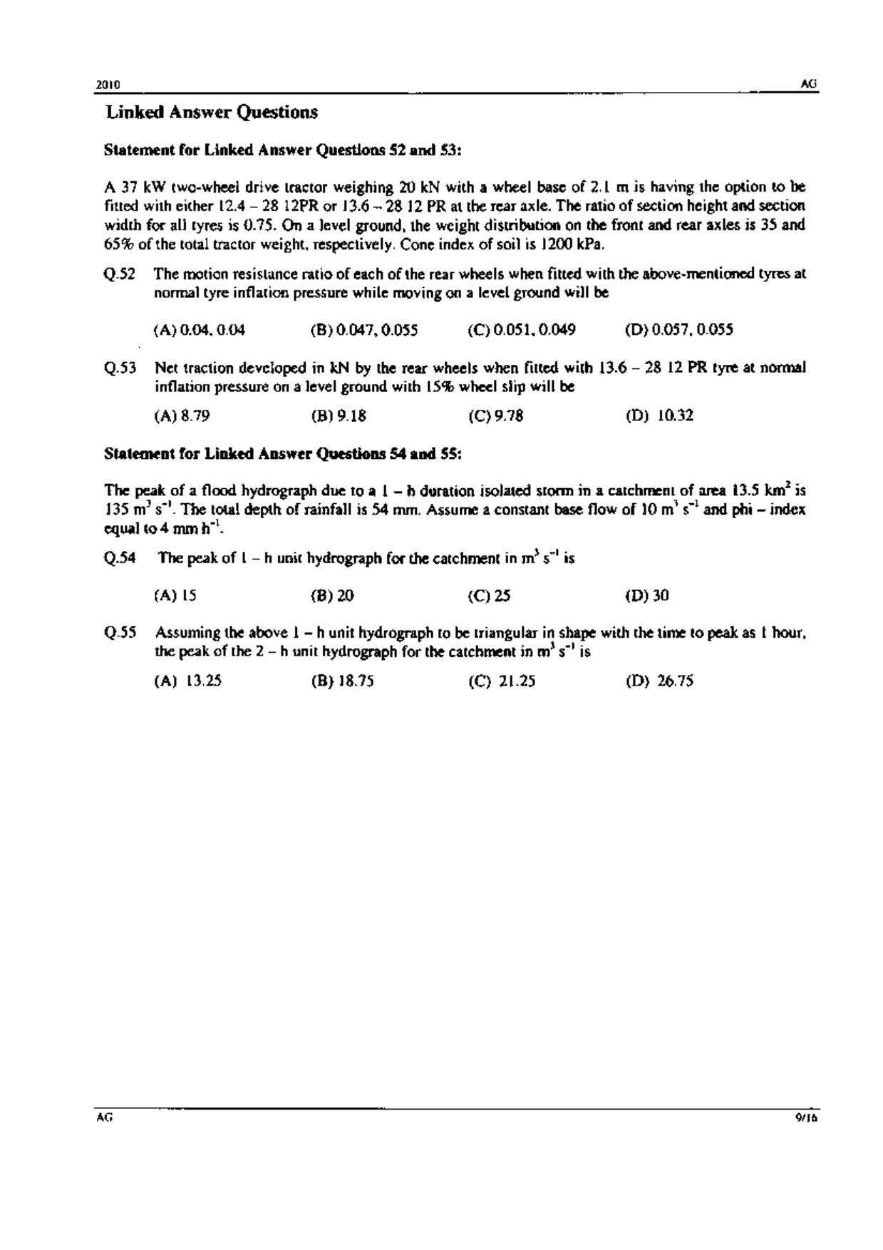 GATE 2010 Agricultural Engineering (AG) Question Paper with Answer Key - Page 9