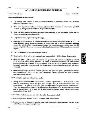 GATE 2010 Agricultural Engineering (AG) Question Paper with Answer Key