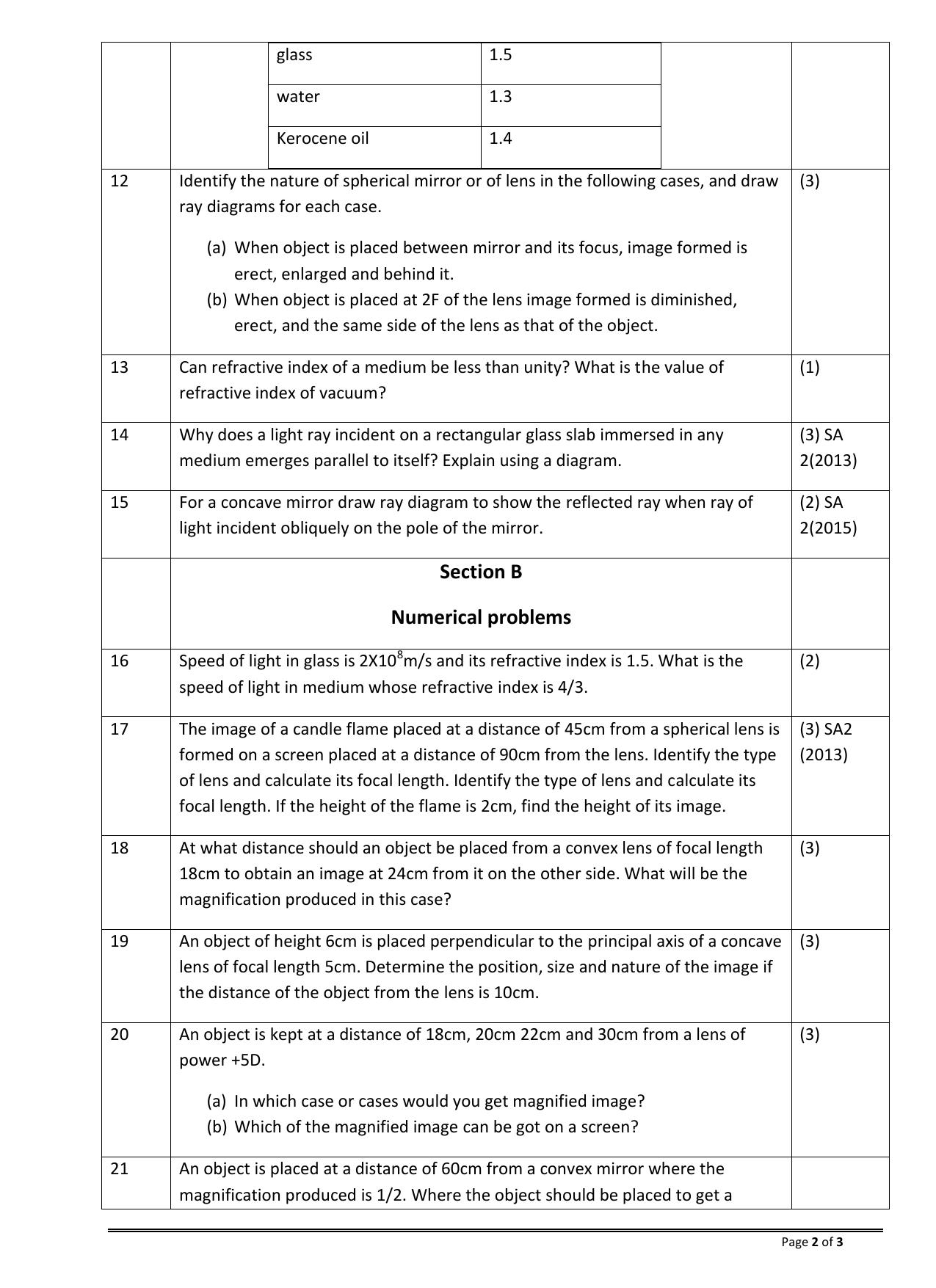 CBSE Worksheets for Class 10 Physics Reflection Refraction of Light Assignment - Page 2
