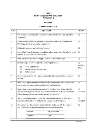 CBSE Worksheets for Class 10 Physics Reflection Refraction of Light Assignment