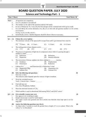 Maharashtra Board SSC Science&Technology 1 July 2020 Question Paper