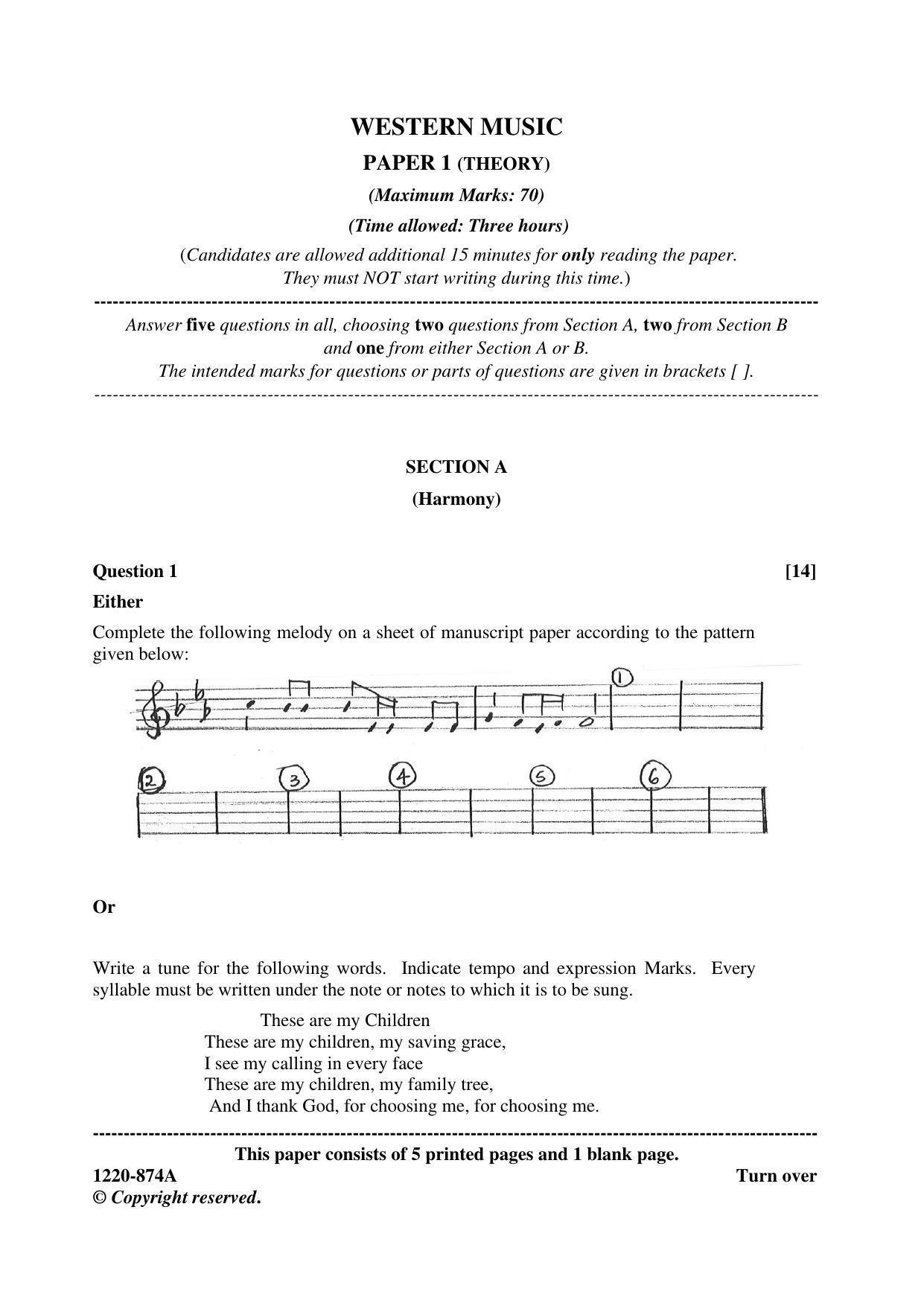 ISC Class 12 2020 Western Music Paper I Question Paper - Page 1