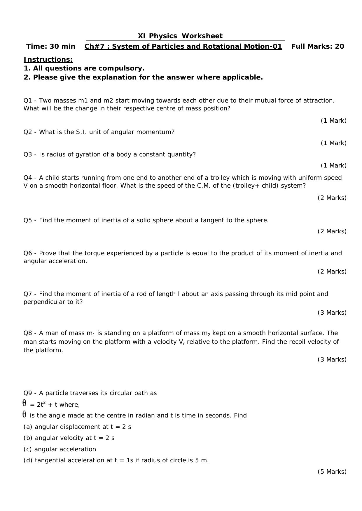 CBSE Worksheets for Class 11 Physics System of Particles Assignment 1 - Page 1