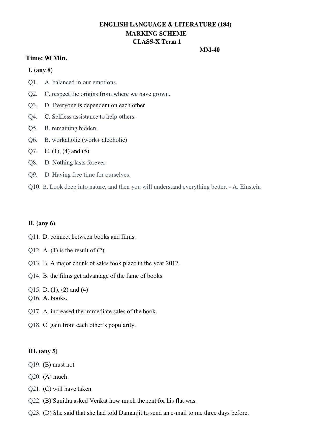 CBSE Class 10 English (Language & Literature) Marking Scheme and Solutions 2021-22 - Page 1